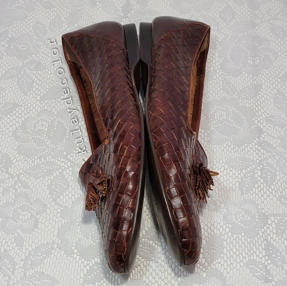 Vintage Pappagallo Woven Leather Tassel Classic Flats Brown Slipon Loafers 9.5 - Picture 9 of 16